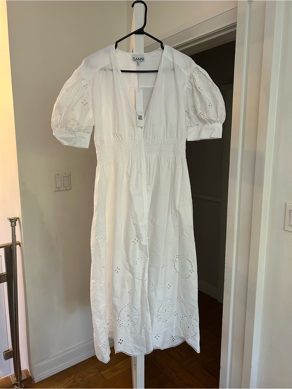 Ganni White Eyelet Maxi Dress with Puff Sleeves